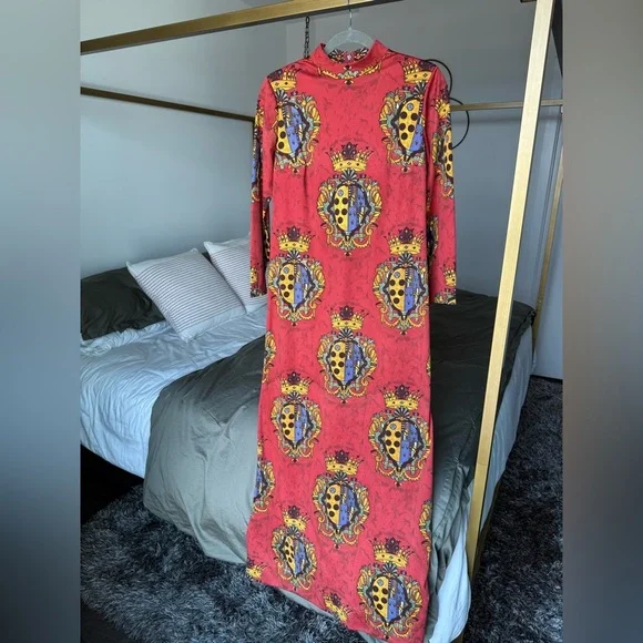 Vintage 90s Red Baroque Crest Maxi Dress Mock Neck Long Sleeve Slit Size S M - Picture 2 of 7